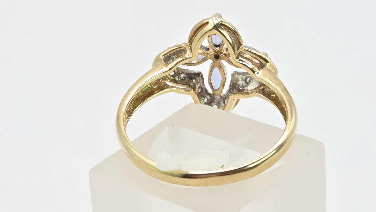 Vintage: 9ct Yellow Gold Tanzanite & Diamond Four-Petal Flower Ring