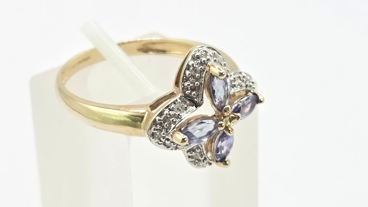 Vintage: 9ct Yellow Gold Tanzanite & Diamond Four-Petal Flower Ring