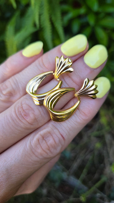 Vintage: 9ct Yellow Gold Fan & Teardrop Drop Stud Earrings — From 1986