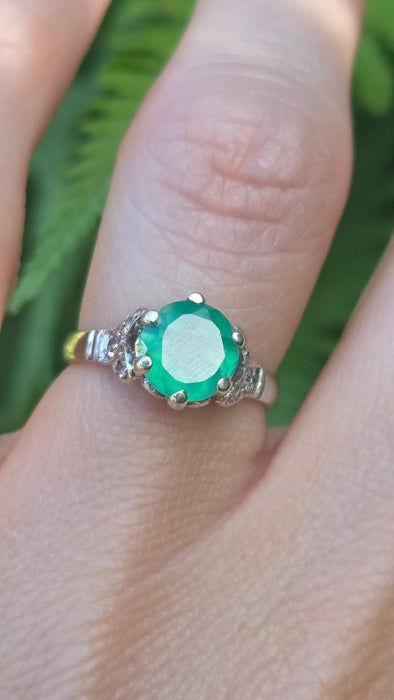 Vintage: Platinum Green Agate & White Topaz Solitaire Dress Ring