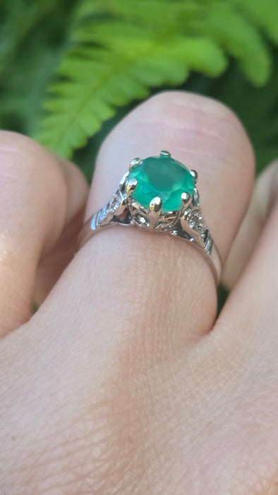 Vintage: Platinum Green Agate & White Topaz Solitaire Dress Ring