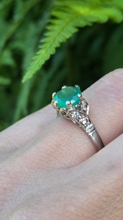 Vintage: Platinum Green Agate & White Topaz Solitaire Dress Ring