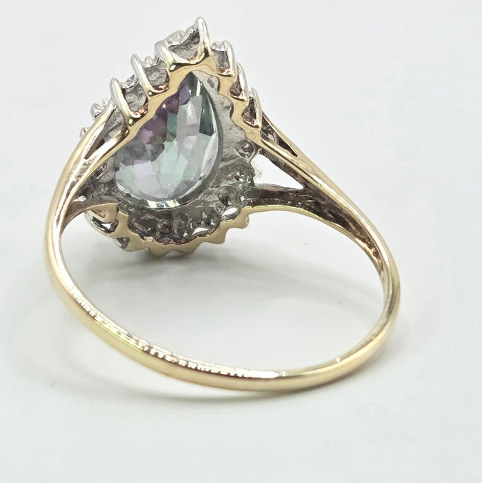 Vintage: 9ct Yellow Gold Mystic Topaz & Diamond Pear Cluster Ring