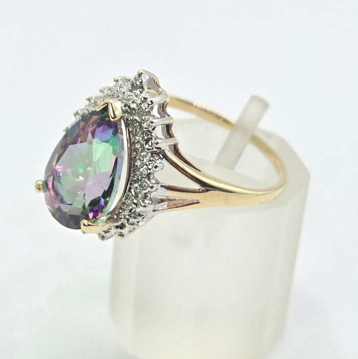 Vintage: 9ct Yellow Gold Mystic Topaz & Diamond Pear Cluster Ring