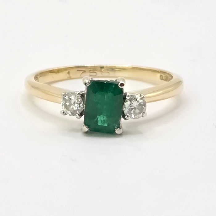 Vintage: 18ct Yellow Gold Emerald & Diamond Three Stone Ring — From 1989