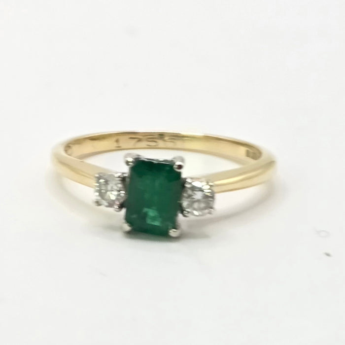 Vintage: 18ct Yellow Gold Emerald & Diamond Three Stone Ring — From 1989
