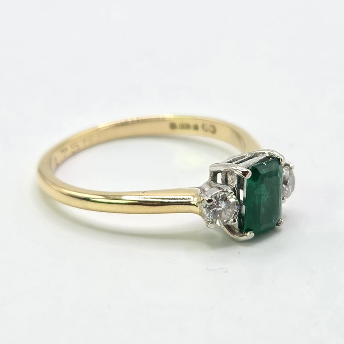 Vintage: 18ct Yellow Gold Emerald & Diamond Three Stone Ring — From 1989