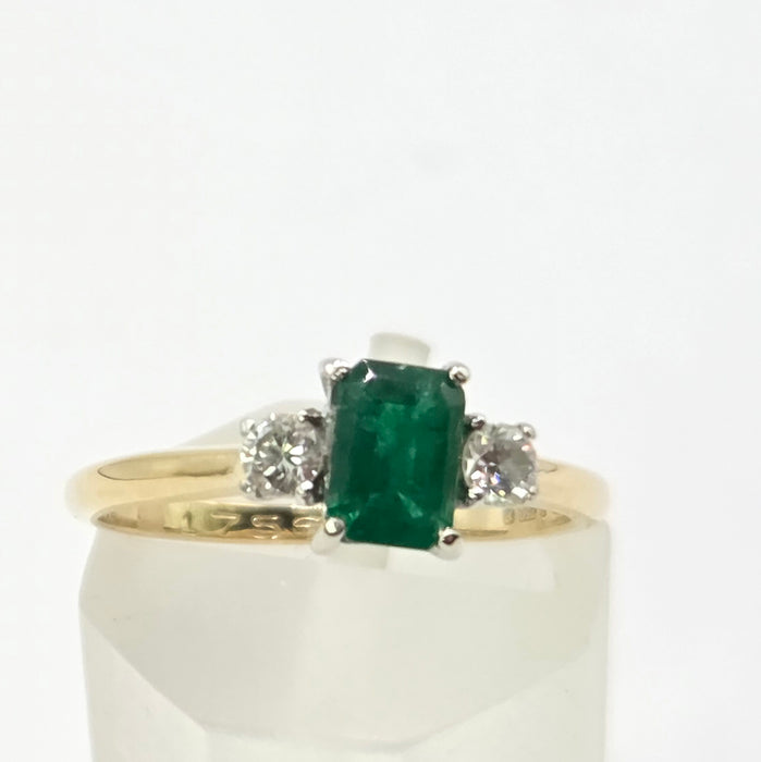 Vintage: 18ct Yellow Gold Emerald & Diamond Three Stone Ring — From 1989