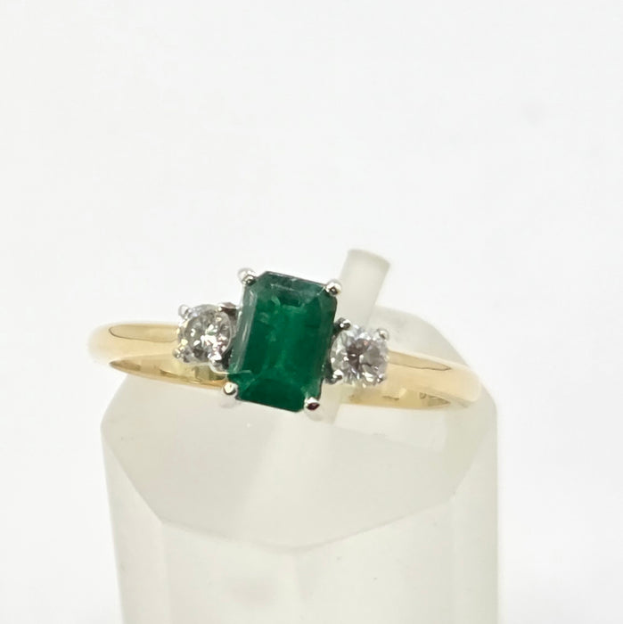 Vintage: 18ct Yellow Gold Emerald & Diamond Three Stone Ring — From 1989