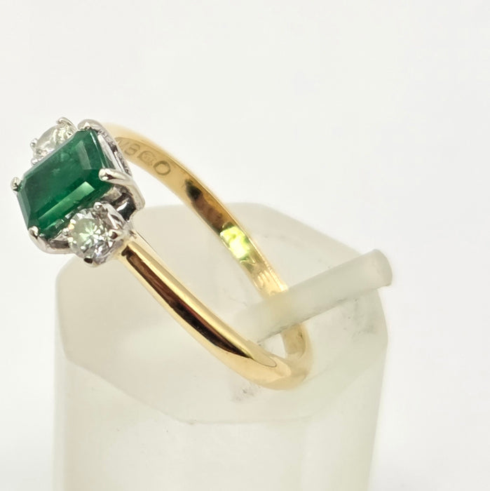 Vintage: 18ct Yellow Gold Emerald & Diamond Three Stone Ring — From 1989