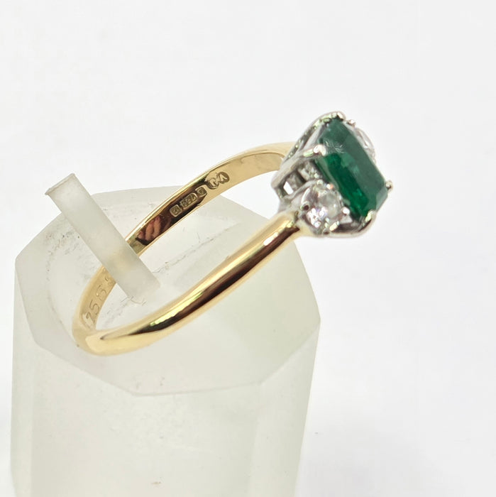 Vintage: 18ct Yellow Gold Emerald & Diamond Three Stone Ring — From 1989