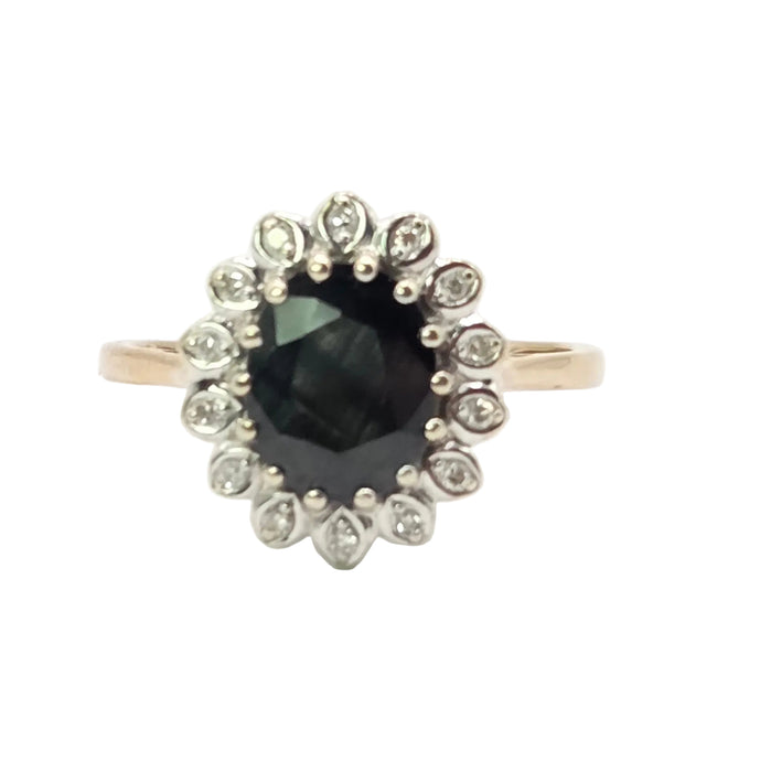 Vintage: 9ct Yellow Gold Sapphire & Diamond Diana-Style Oval Cluster Ring