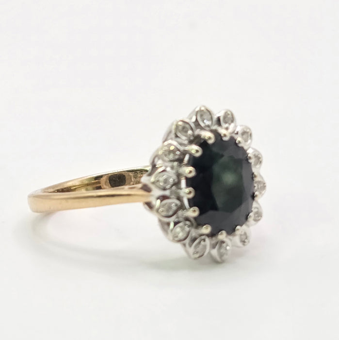Vintage: 9ct Yellow Gold Sapphire & Diamond Diana-Style Oval Cluster Ring