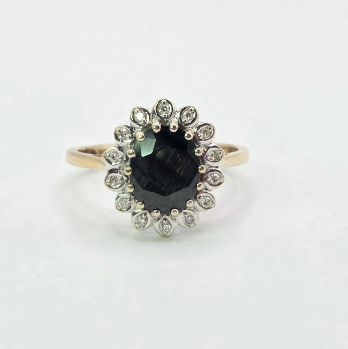 Vintage: 9ct Yellow Gold Sapphire & Diamond Diana-Style Oval Cluster Ring