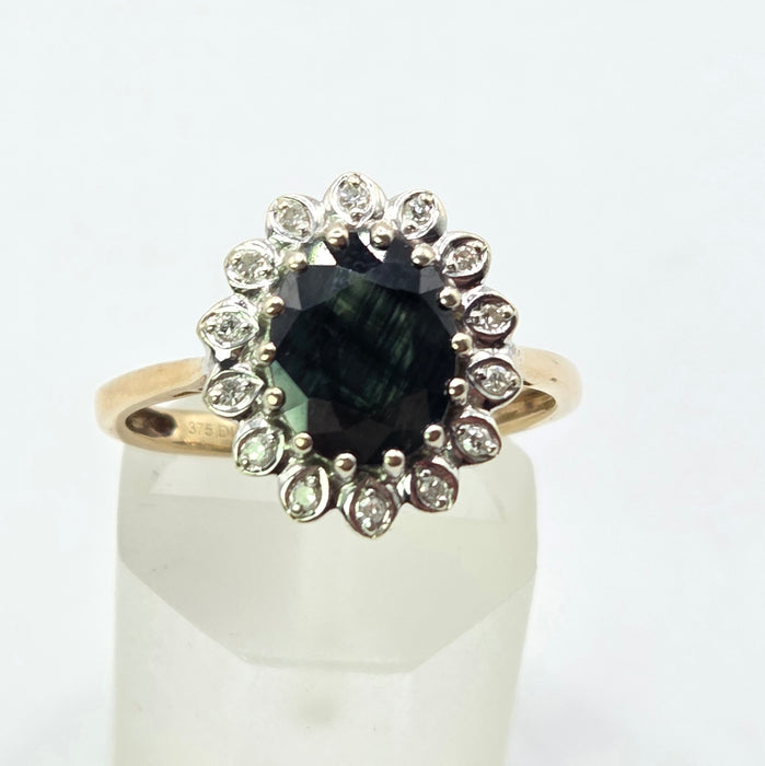 Vintage: 9ct Yellow Gold Sapphire & Diamond Diana-Style Oval Cluster Ring