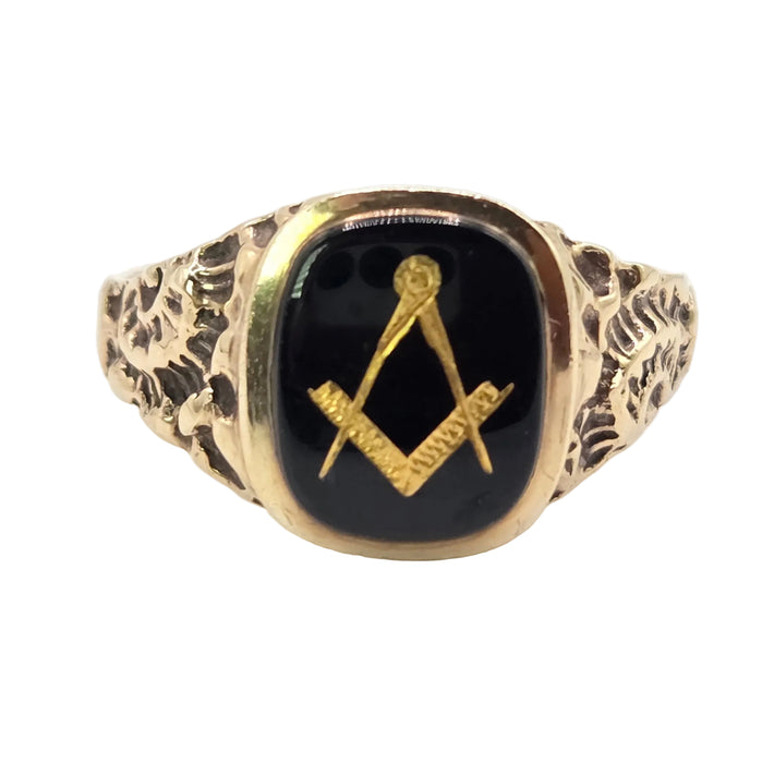 Vintage: 9ct Yellow Gold Black Onyx Masonic Signet Ring — From 1986