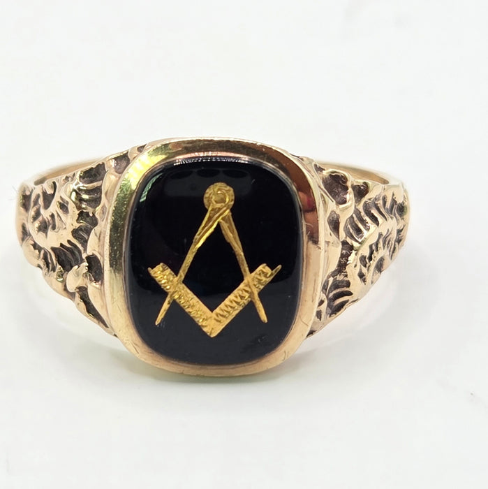 Vintage: 9ct Yellow Gold Black Onyx Masonic Signet Ring — From 1986