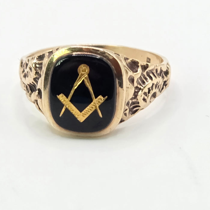 Vintage: 9ct Yellow Gold Black Onyx Masonic Signet Ring — From 1986