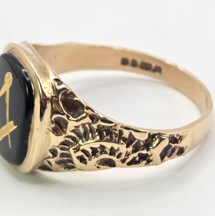 Vintage: 9ct Yellow Gold Black Onyx Masonic Signet Ring — From 1986