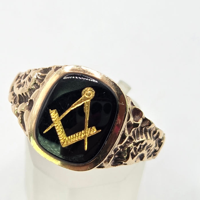 Vintage: 9ct Yellow Gold Black Onyx Masonic Signet Ring — From 1986