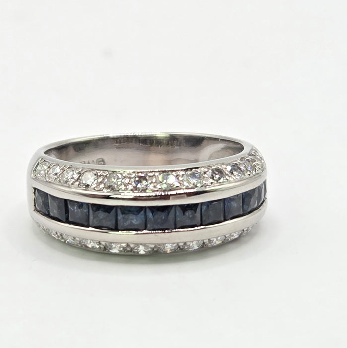 Vintage: 18ct White Gold Three Row Sapphire & Diamond Ring — 0.52ct