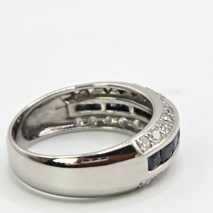 Vintage: 18ct White Gold Three Row Sapphire & Diamond Ring — 0.52ct