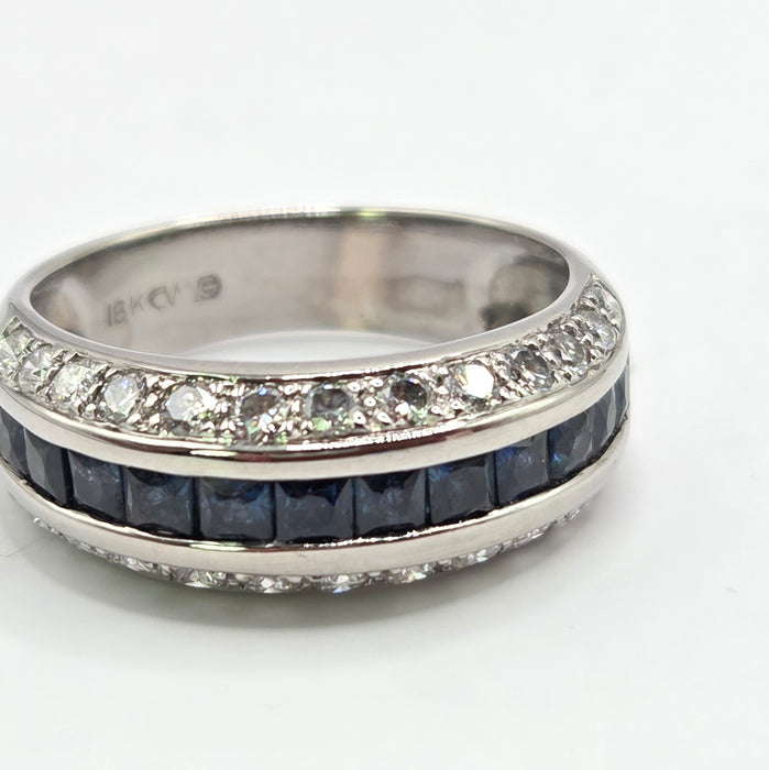 Vintage: 18ct White Gold Three Row Sapphire & Diamond Ring — 0.52ct