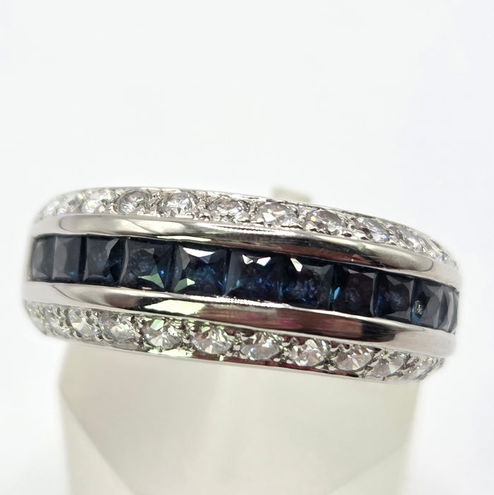Vintage: 18ct White Gold Three Row Sapphire & Diamond Ring — 0.52ct