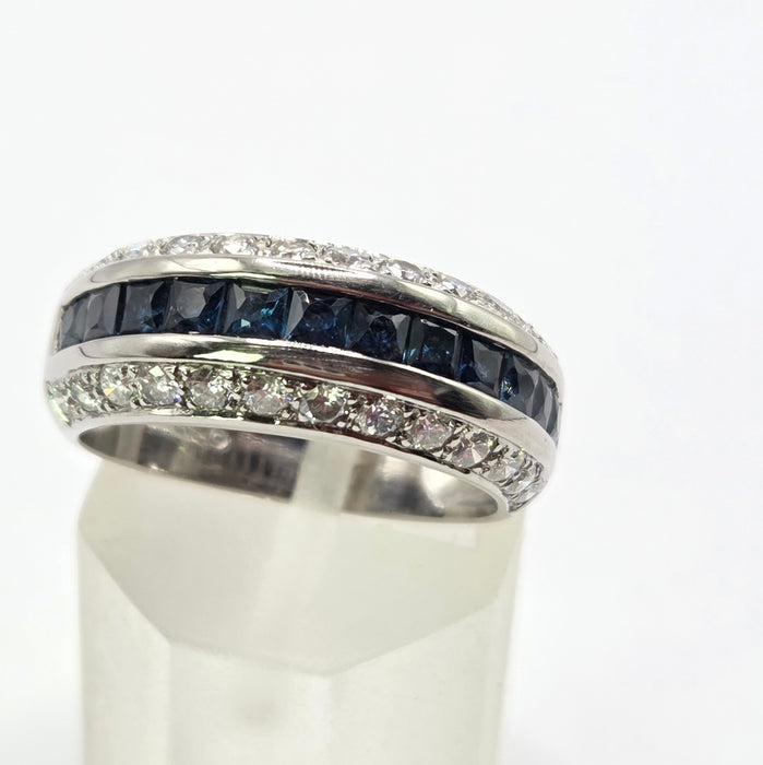 Vintage: 18ct White Gold Three Row Sapphire & Diamond Ring — 0.52ct