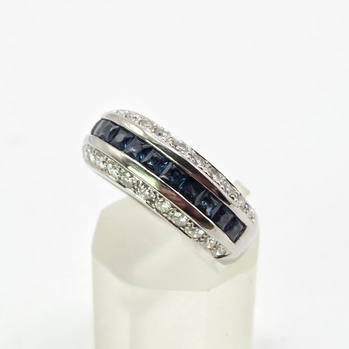Vintage: 18ct White Gold Three Row Sapphire & Diamond Ring — 0.52ct