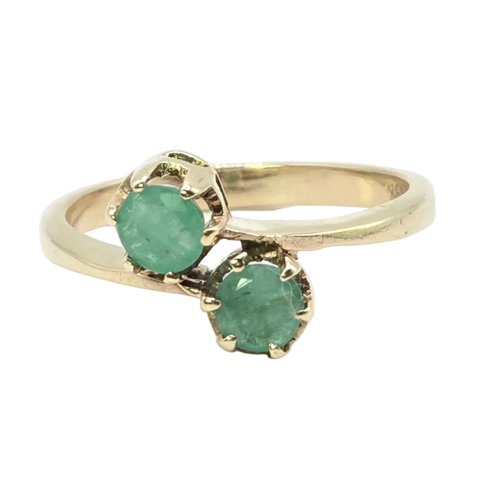 Vintage: 18ct Yellow Gold Twin Emerald Crossover Ring