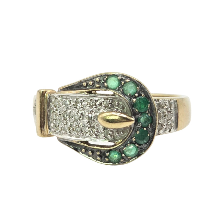 Vintage: 9ct Yellow Gold Emerald & Diamond Buckle Ring