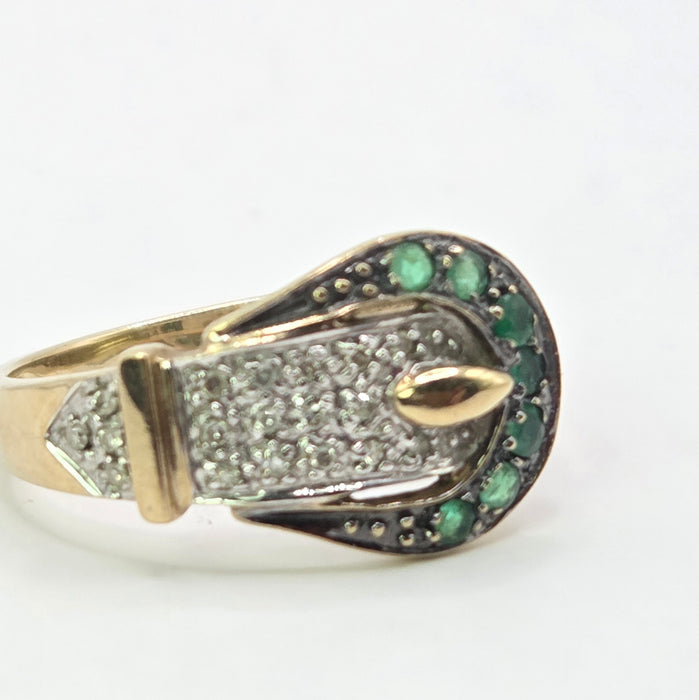 Vintage: 9ct Yellow Gold Emerald & Diamond Buckle Ring