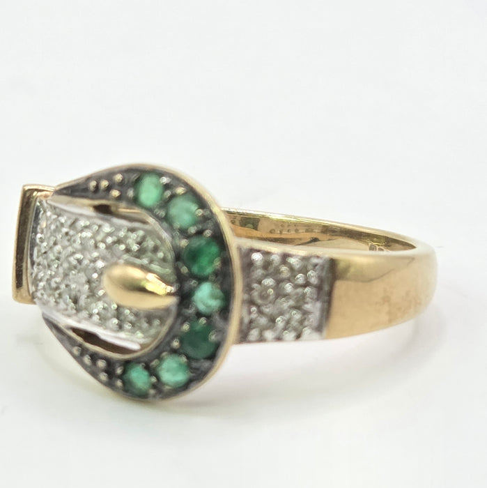 Vintage: 9ct Yellow Gold Emerald & Diamond Buckle Ring
