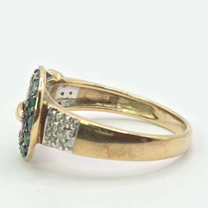 Vintage: 9ct Yellow Gold Emerald & Diamond Buckle Ring