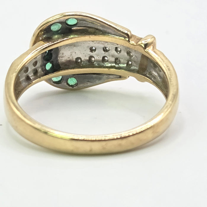 Vintage: 9ct Yellow Gold Emerald & Diamond Buckle Ring