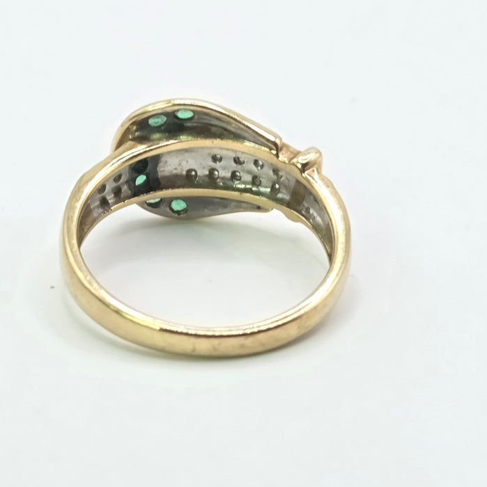 Vintage: 9ct Yellow Gold Emerald & Diamond Buckle Ring