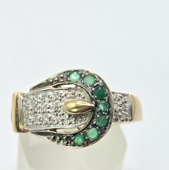 Vintage: 9ct Yellow Gold Emerald & Diamond Buckle Ring