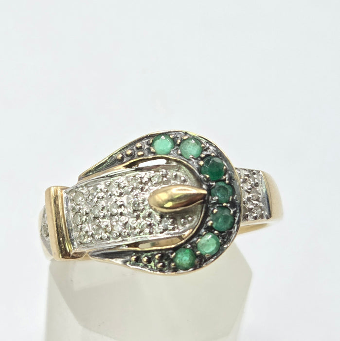 Vintage: 9ct Yellow Gold Emerald & Diamond Buckle Ring