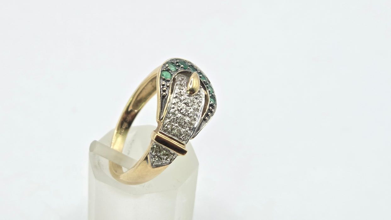 Vintage: 9ct Yellow Gold Emerald & Diamond Buckle Ring