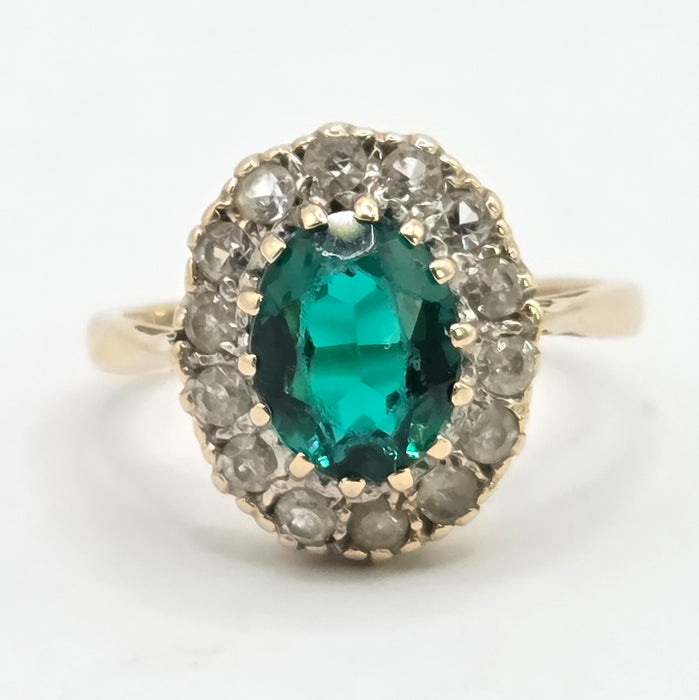 Vintage: 9ct Yellow Gold Emerald & Diamond Oval Cluster Ring — From 1967
