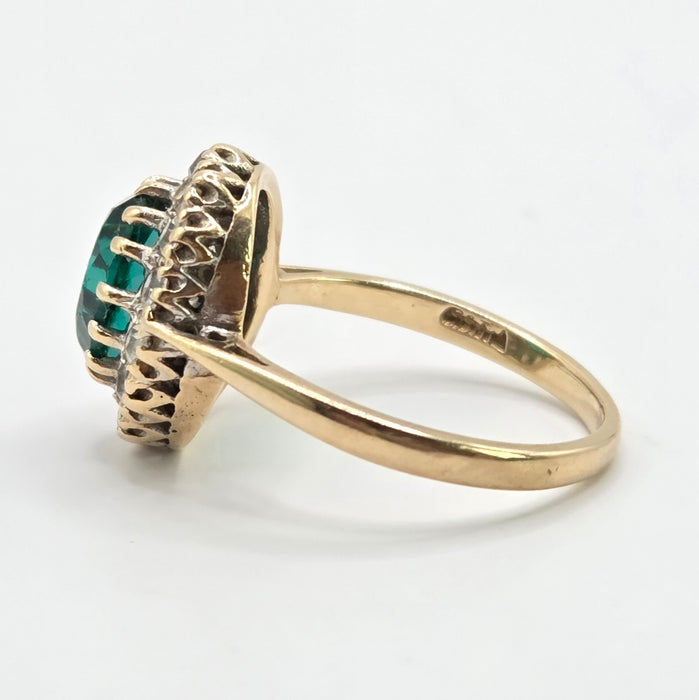 Vintage: 9ct Yellow Gold Emerald & Diamond Oval Cluster Ring — From 1967