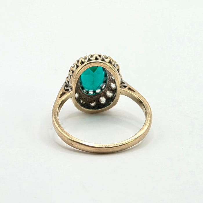 Vintage: 9ct Yellow Gold Emerald & Diamond Oval Cluster Ring — From 1967