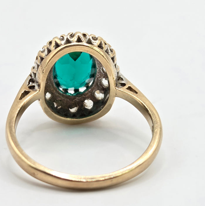 Vintage: 9ct Yellow Gold Emerald & Diamond Oval Cluster Ring — From 1967
