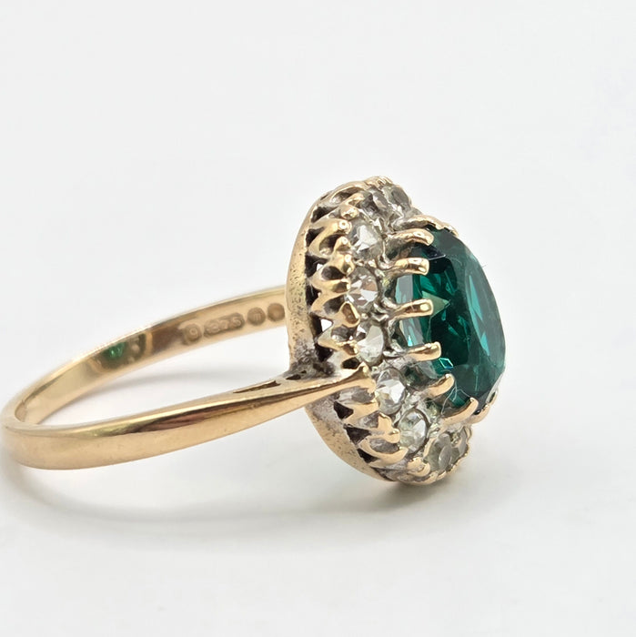 Vintage: 9ct Yellow Gold Emerald & Diamond Oval Cluster Ring — From 1967
