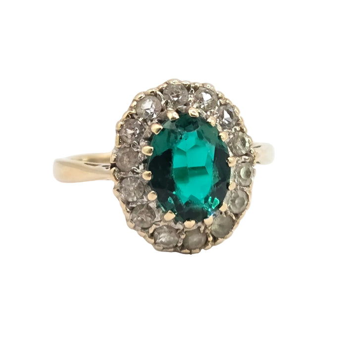 Vintage: 9ct Yellow Gold Emerald & Diamond Oval Cluster Ring — From 1967