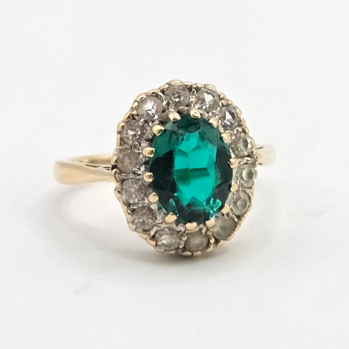 Vintage: 9ct Yellow Gold Emerald & Diamond Oval Cluster Ring — From 1967