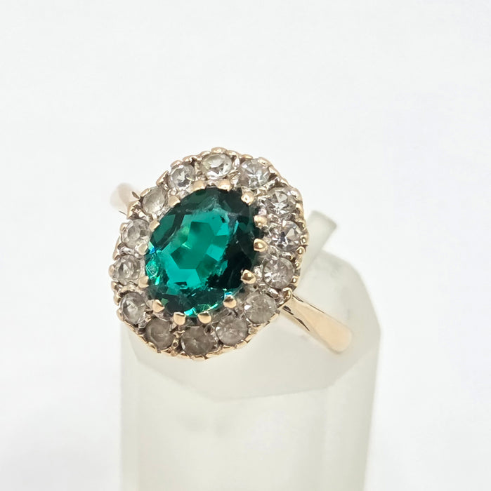 Vintage: 9ct Yellow Gold Emerald & Diamond Oval Cluster Ring — From 1967