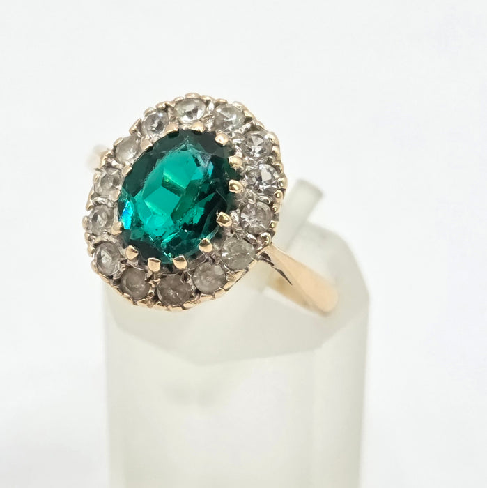 Vintage: 9ct Yellow Gold Emerald & Diamond Oval Cluster Ring — From 1967