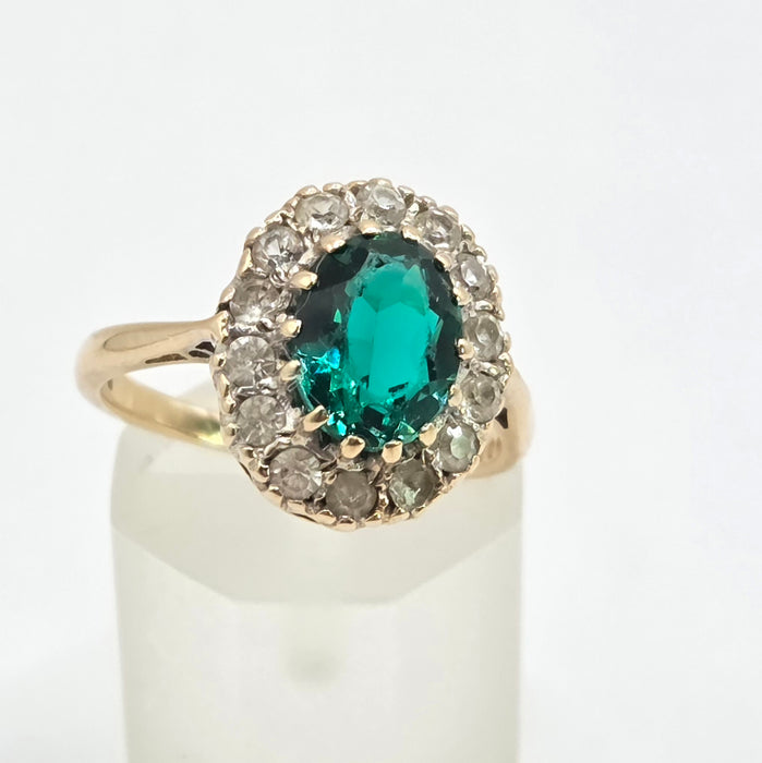 Vintage: 9ct Yellow Gold Emerald & Diamond Oval Cluster Ring — From 1967